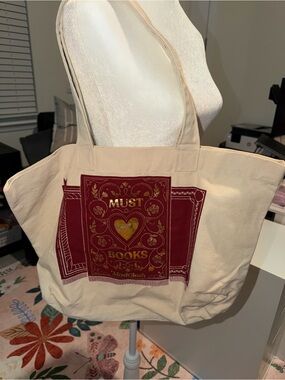 ModCloth Cream Tote with Maroon and Gold Book Graphic